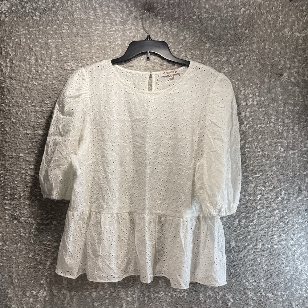 Nanette Lepore White Eyelet Puff‎ Sleeve Peplum Top Blouse XL Beach Preppy